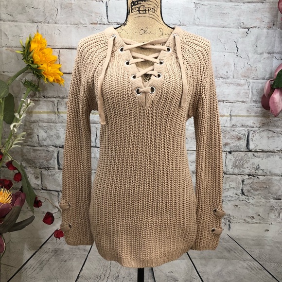boutique Sweaters - Boutique Lace Up Thick Knit Sweater Tunic